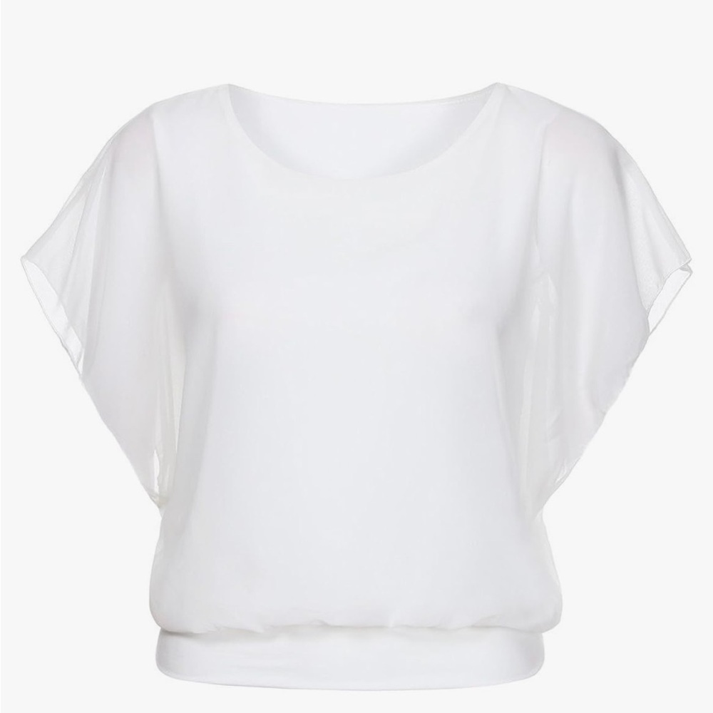 Batwing Chiffon Blouse with Waistband Hem, Women's Top, Size XL, Lined, White